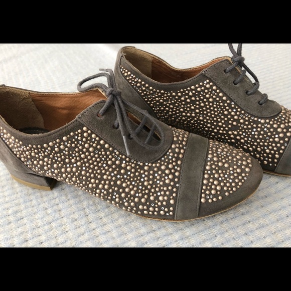 🩶MALOLES - Grey Richelieu - Suede lace up shoes with rhinestones - Picture 4 of 5